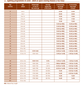 A chart showing the amount of light chickens needs to lay eggs.